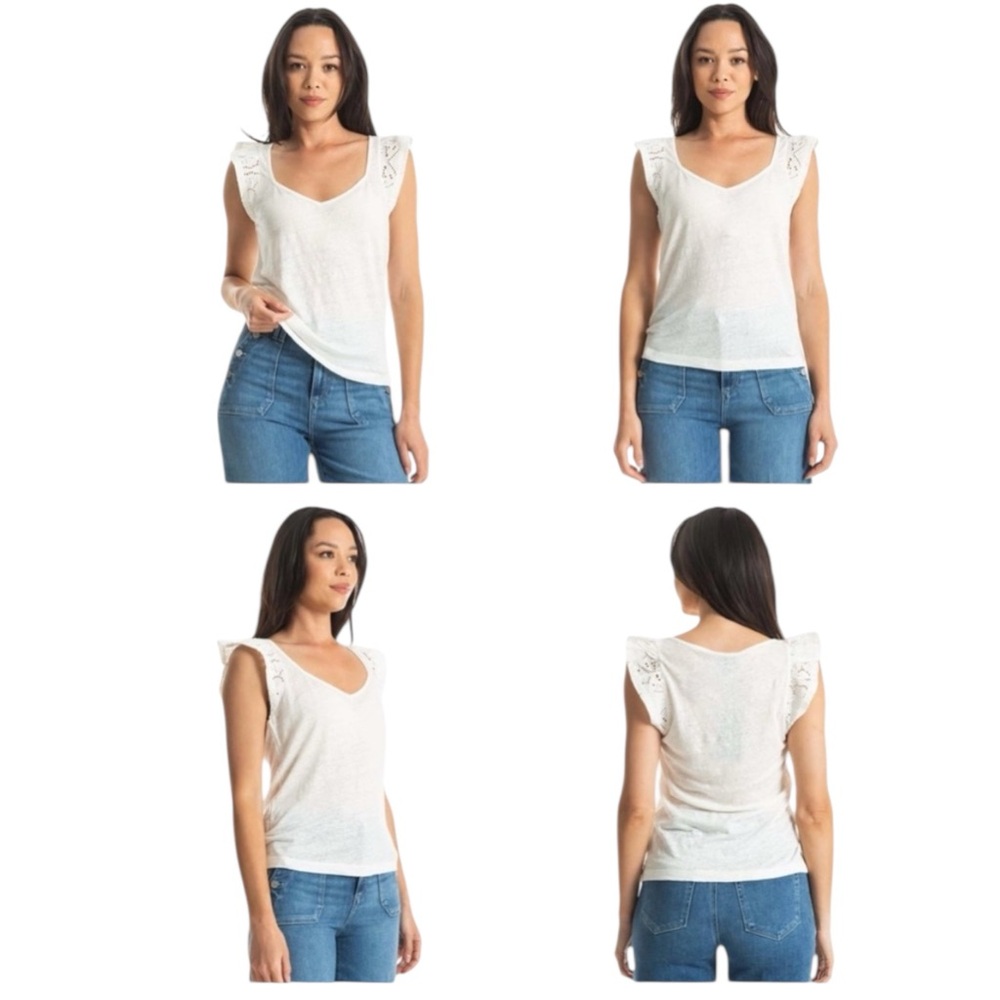 PAIGE Giulia Eyelet Flutter Sleeve Linen Top, Color White, Size Extra Small, NWT